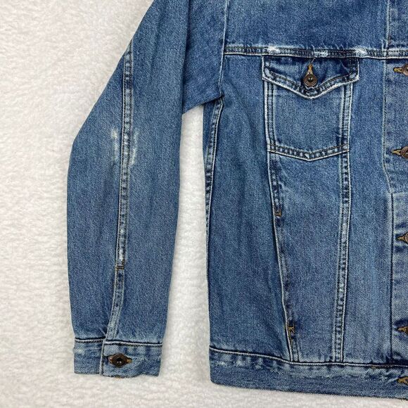 Free‎ People Jacket Womens XS Blue Wash Denim Trucker Button Up Distressed - Picture 4 of 14